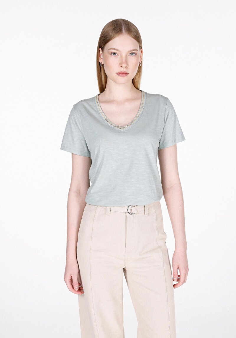 Imagine a Regular Fit V-Neck Drept Tricou Verde Manșon Scurt Pentru Femei