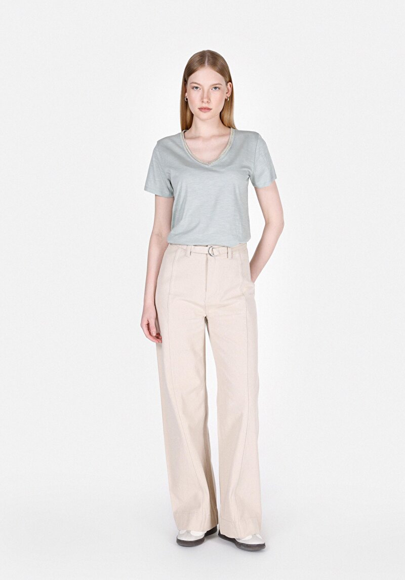 Afișați detalii pentru Regular Fit V-Neck Drept Tricou Verde Manșon Scurt Pentru Femei