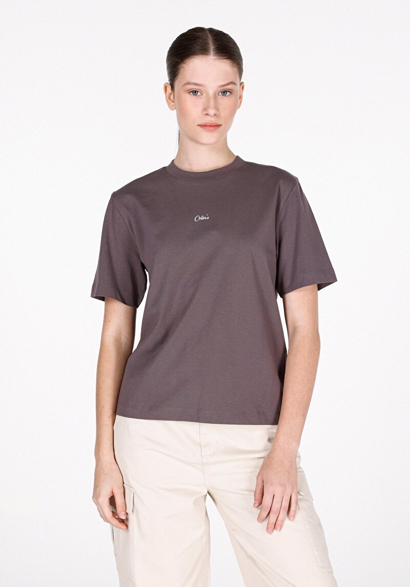 Imagine a Regular Fit Rotund Neck Imprimat Tricou Antracit Manșon Scurt Pentru Femei