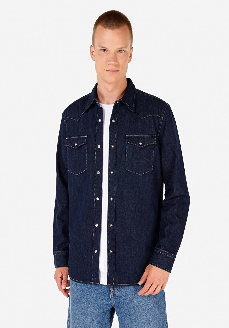 Imagine a Regular Fit Classic Collar Cămașă Albastră Cu Mânecă Lungă Pentru Bărbați