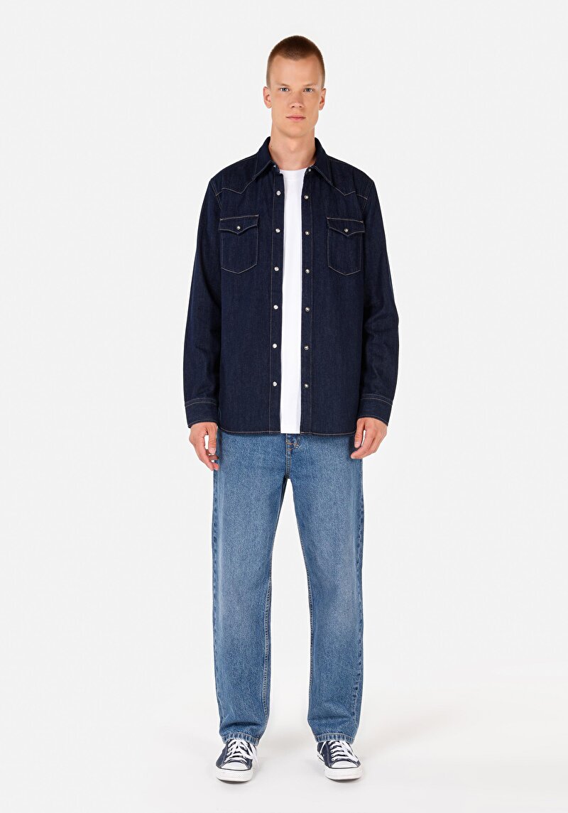 Imagine a Regular Fit Classic Collar Cămașă Albastră Cu Mânecă Lungă Pentru Bărbați