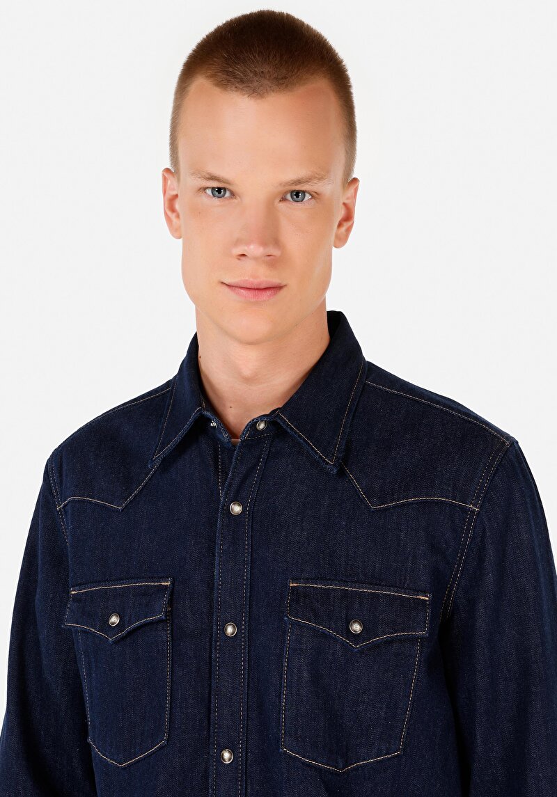 Imagine a Regular Fit Classic Collar Cămașă Albastră Cu Mânecă Lungă Pentru Bărbați