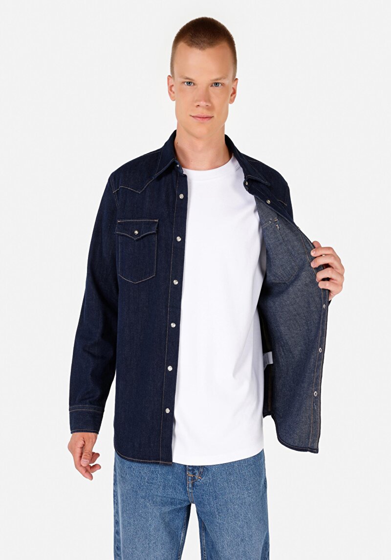 Afișați detalii pentru Regular Fit Classic Collar Cămașă Albastră Cu Mânecă Lungă Pentru Bărbați