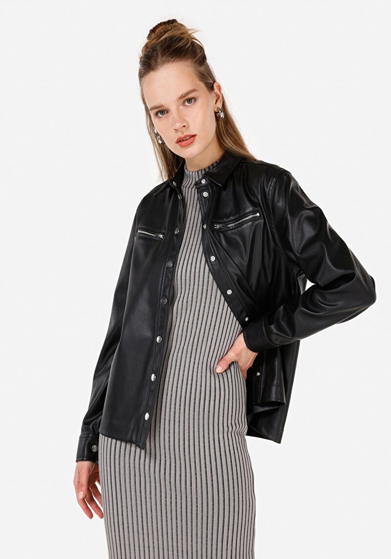 Imagine a Cămașă Cu Gât Pentru Femei Cămașă Neagră Cu Mânecă Lungă