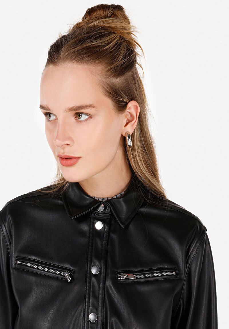 Afișați detalii pentru Cămașă Cu Gât Pentru Femei Cămașă Neagră Cu Mânecă Lungă