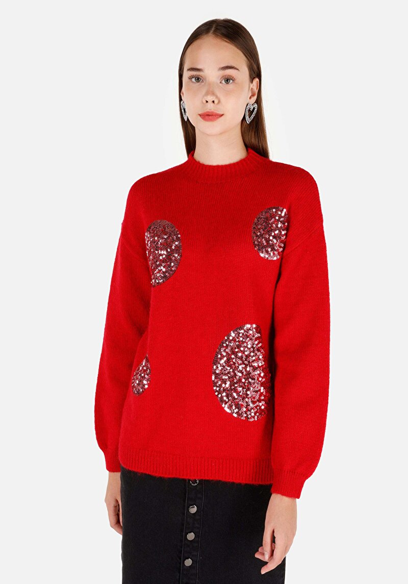 Imagine a Regular Fit Round Neck Brodat Pulover Roșu Pentru Femei