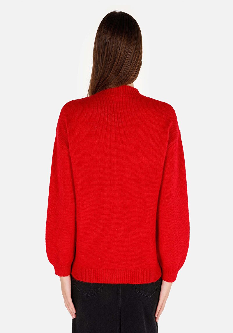 Imagine a Regular Fit Round Neck Brodat Pulover Roșu Pentru Femei