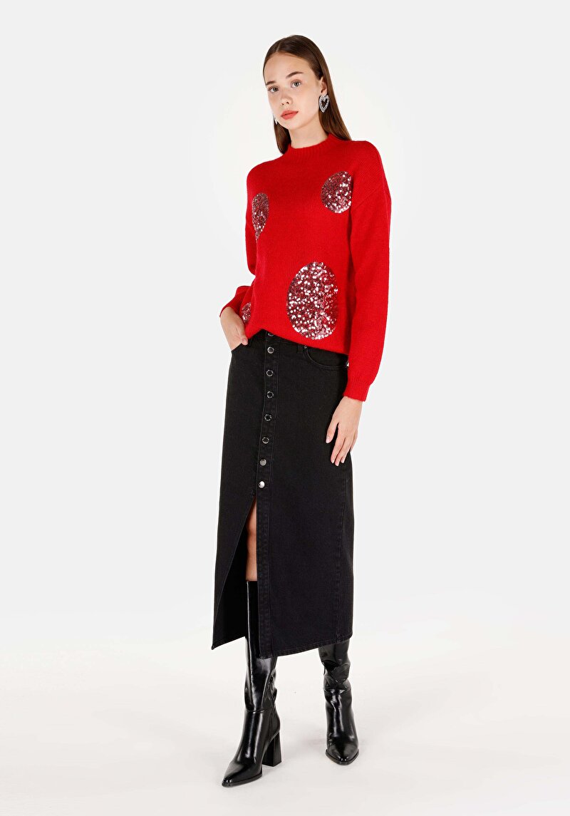 Afișați detalii pentru Regular Fit Round Neck Brodat Pulover Roșu Pentru Femei