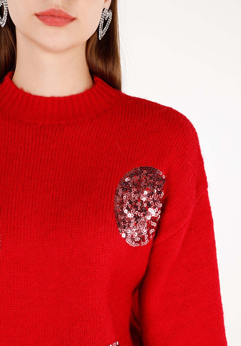 Afișați detalii pentru Regular Fit Round Neck Brodat Pulover Roșu Pentru Femei