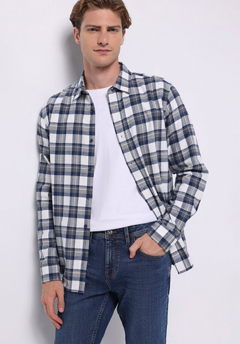 Imagine a Cămașă Cu Gât În Carouri Cămașă Cu Mânecă Lungă Bleumarin Pentru Bărbați