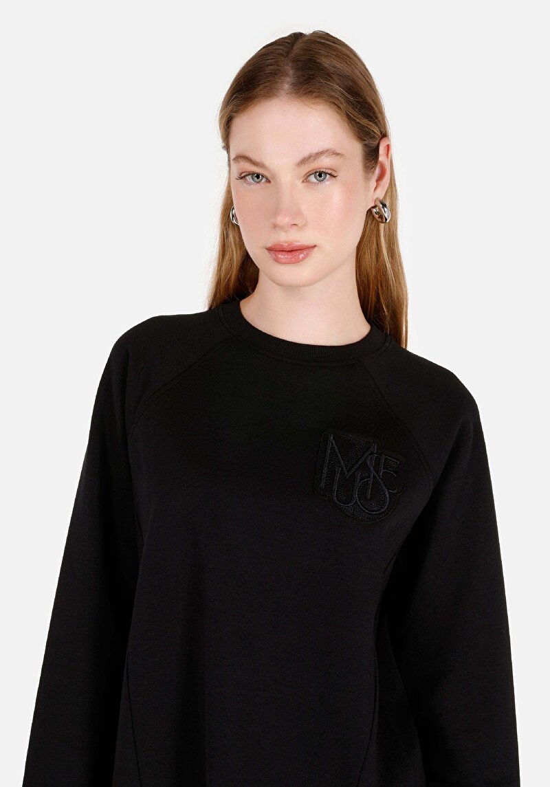 Imagine a Regular Fit Round Neck Tricou Negru Cu Mânecă Lungă Pentru Femei