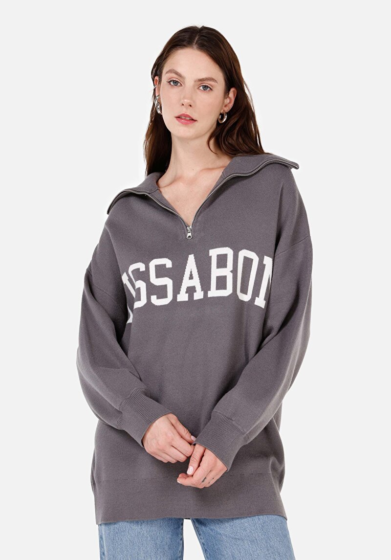 Imagine a Pulover Gri Pentru Femei Cu Fermoar Comfort Fit