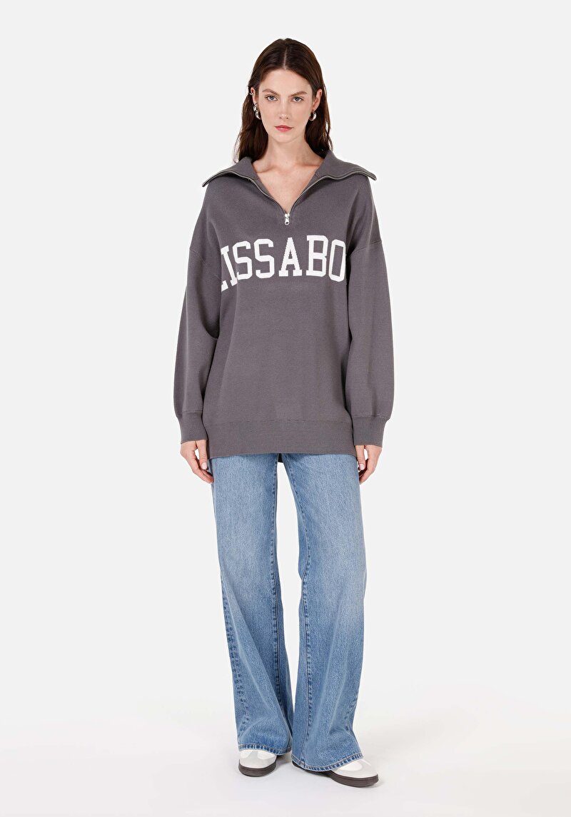 Imagine a Pulover Gri Pentru Femei Cu Fermoar Comfort Fit