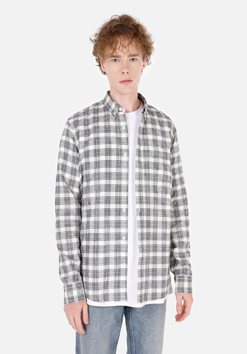 Imagine a Cămașă Slim Fit Gât În Carouri Cămașă Cu Mânecă Lungă Ecru Pentru Bărbați