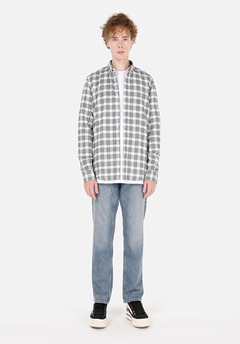 Imagine a Cămașă Slim Fit Gât În Carouri Cămașă Cu Mânecă Lungă Ecru Pentru Bărbați