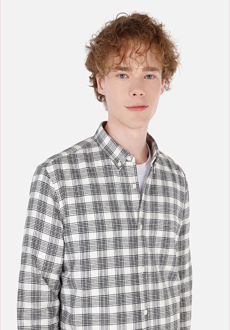 Afișați detalii pentru Cămașă Slim Fit Gât În Carouri Cămașă Cu Mânecă Lungă Ecru Pentru Bărbați