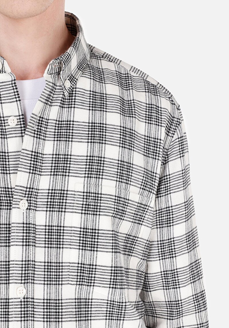 Afișați detalii pentru Cămașă Slim Fit Gât În Carouri Cămașă Cu Mânecă Lungă Ecru Pentru Bărbați