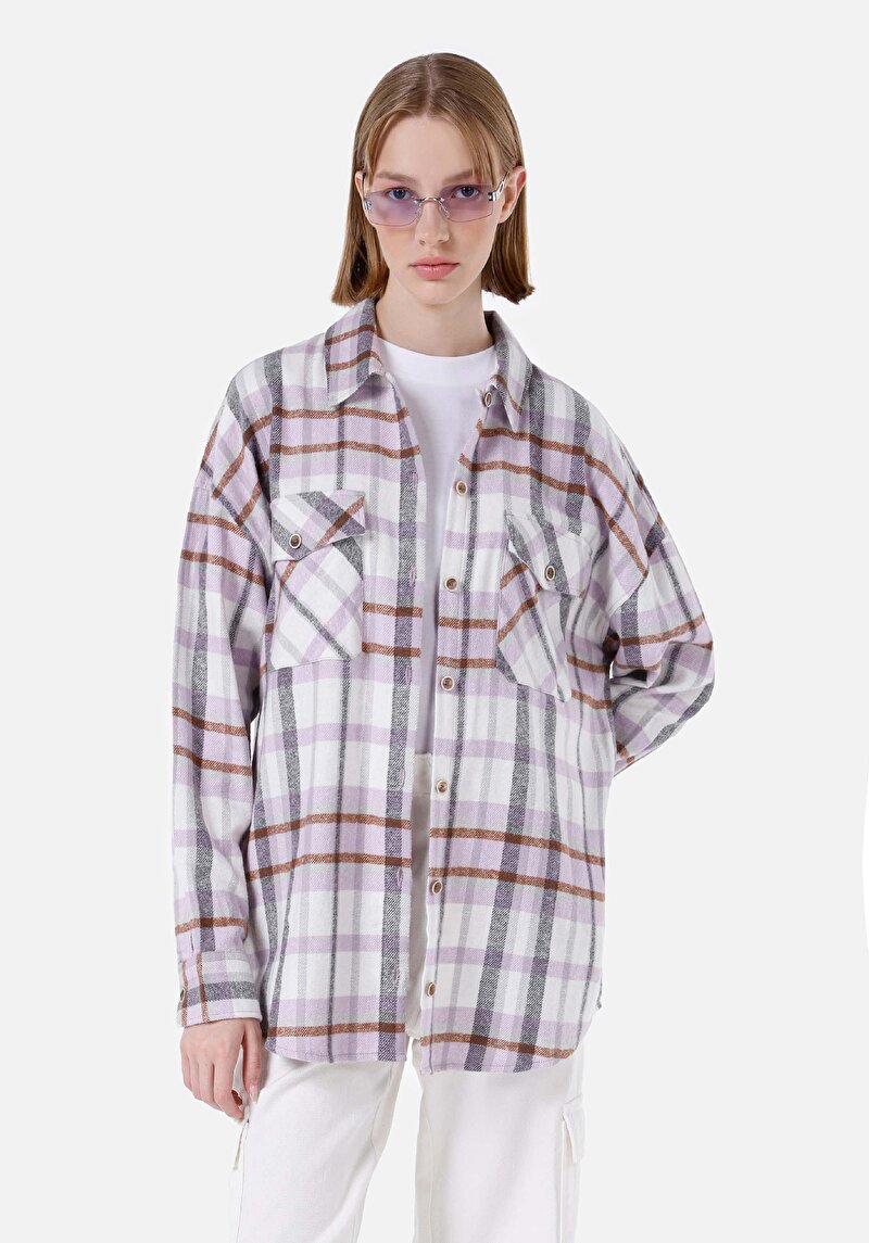 Imagine a Cămașă Cu Croială Relaxată Cămașă În Carouri Cămașă Cu Mânecă Lungă Mov Pentru Femei