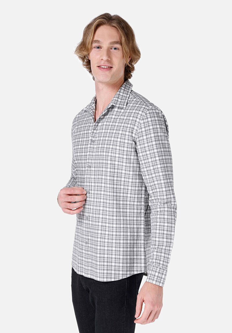 Imagine a Cămașă Slim Fit Gât Cămașă Gri Cu Manșon Lung Pentru Bărbați