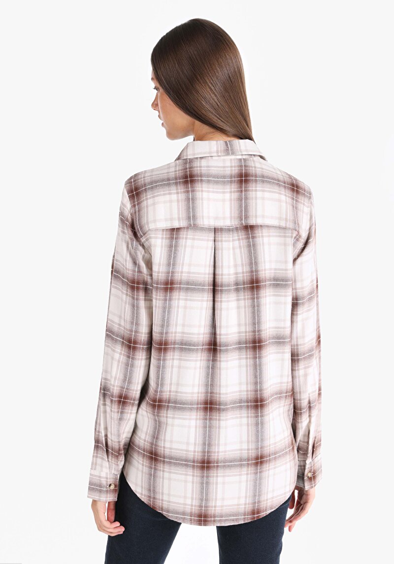 Afișați detalii pentru Cămașă Cu Gât În Carouri Cămașă Cu Mânecă Lungă Bej Pentru Femei