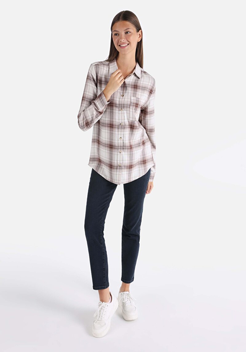 Afișați detalii pentru Cămașă Cu Gât În Carouri Cămașă Cu Mânecă Lungă Bej Pentru Femei