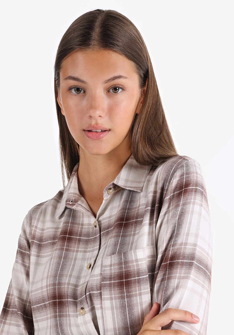 Afișați detalii pentru Cămașă Cu Gât În Carouri Cămașă Cu Mânecă Lungă Bej Pentru Femei