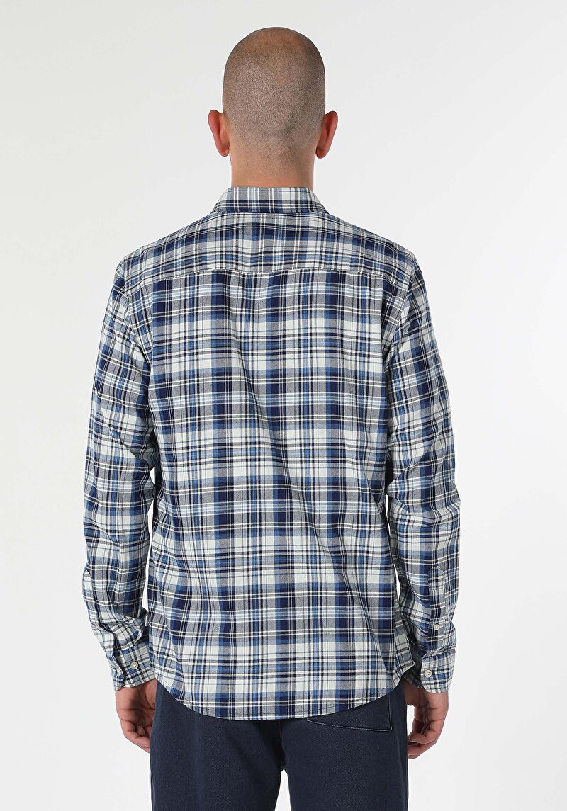 Afișați detalii pentru Cămașă Slim Fit Gât În Carouri Cămașă Albastră Cu Mânecă Lungă Pentru Bărbați