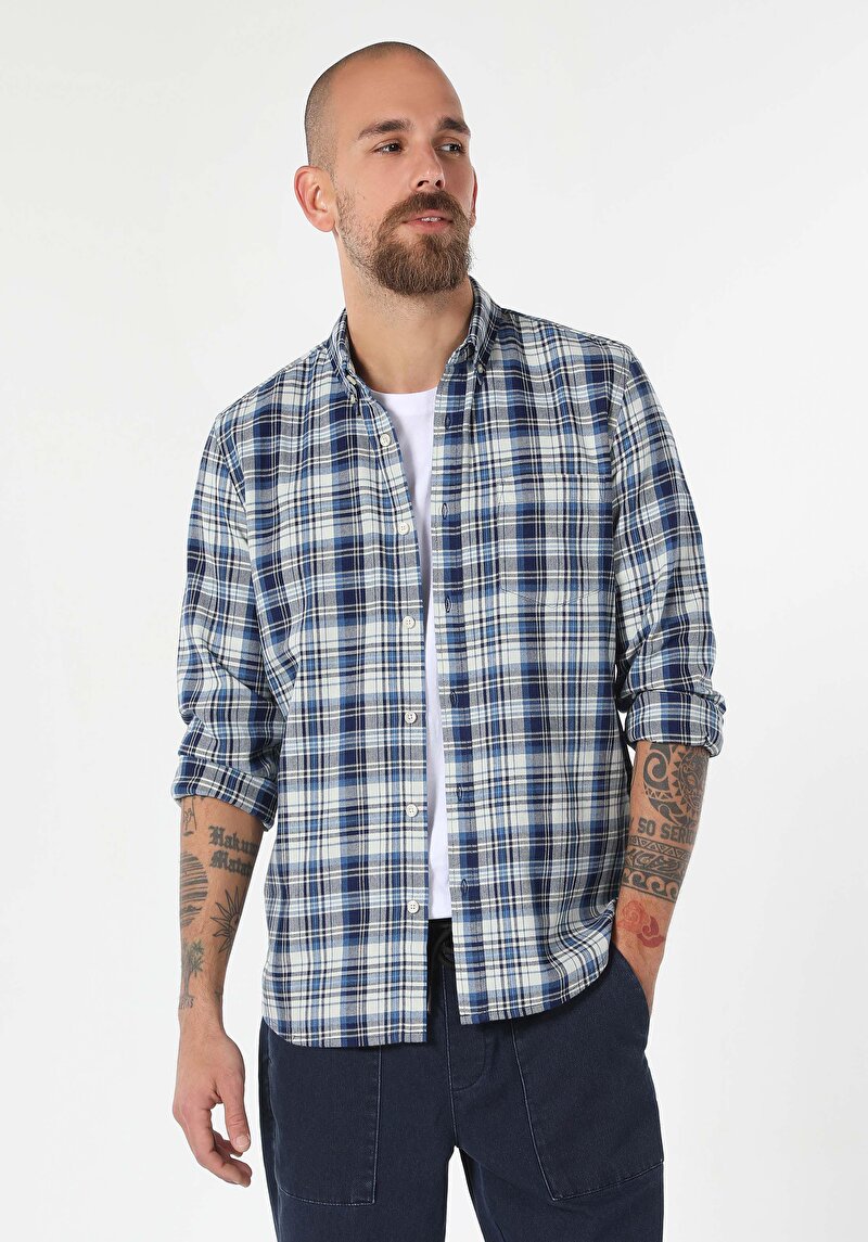 Imagine a Cămașă Slim Fit Gât În Carouri Cămașă Albastră Cu Mânecă Lungă Pentru Bărbați