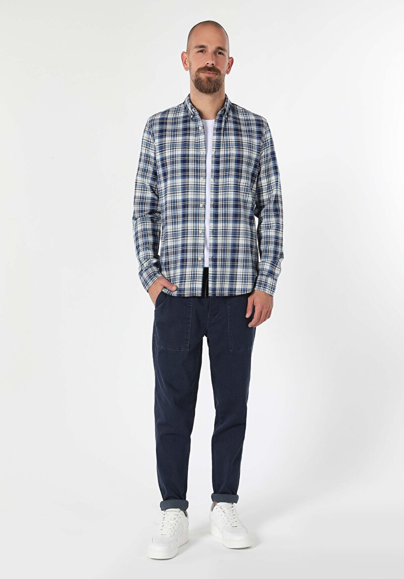 Afișați detalii pentru Cămașă Slim Fit Gât În Carouri Cămașă Albastră Cu Mânecă Lungă Pentru Bărbați