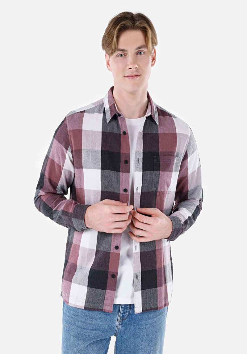 Imagine a Cămașă Cu Gât În Carouri Cămașă Cu Mânecă Lungă Roz Pentru Bărbați