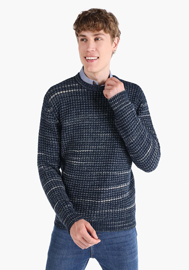 Imagine a Pulover Regular Fit Round Neck Jacquard Bleumarin Pentru Bărbați