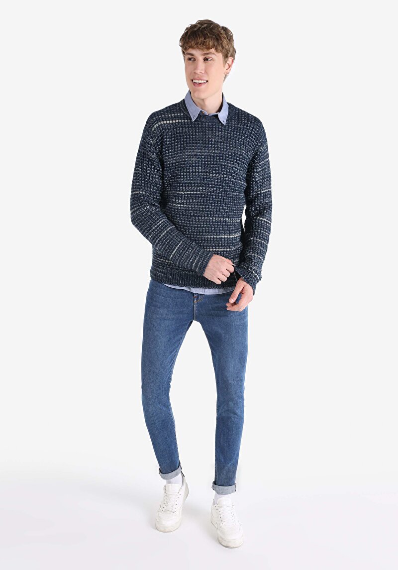 Imagine a Pulover Regular Fit Round Neck Jacquard Bleumarin Pentru Bărbați