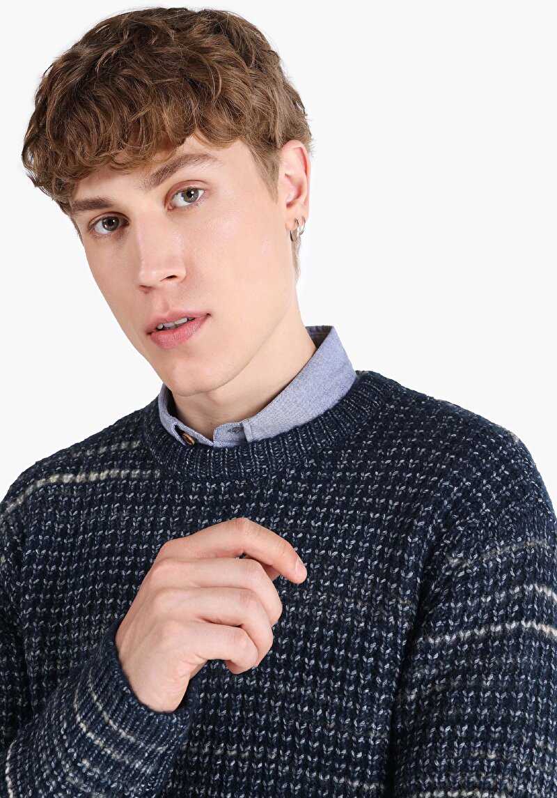 Afișați detalii pentru Pulover Regular Fit Round Neck Jacquard Bleumarin Pentru Bărbați