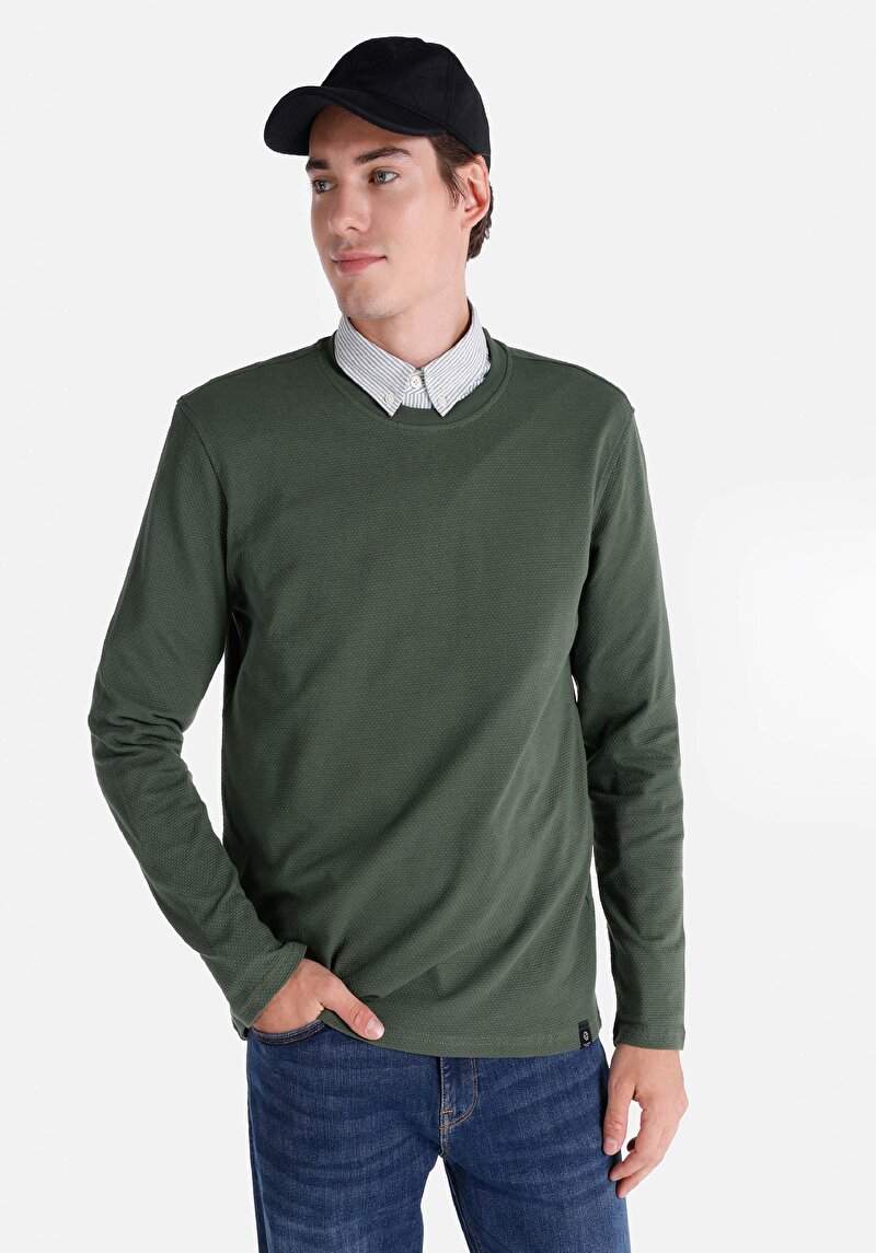 Imagine a Regular Fit Round Neck Jacquard Tricou Verde Manșon Lung Pentru Bărbați