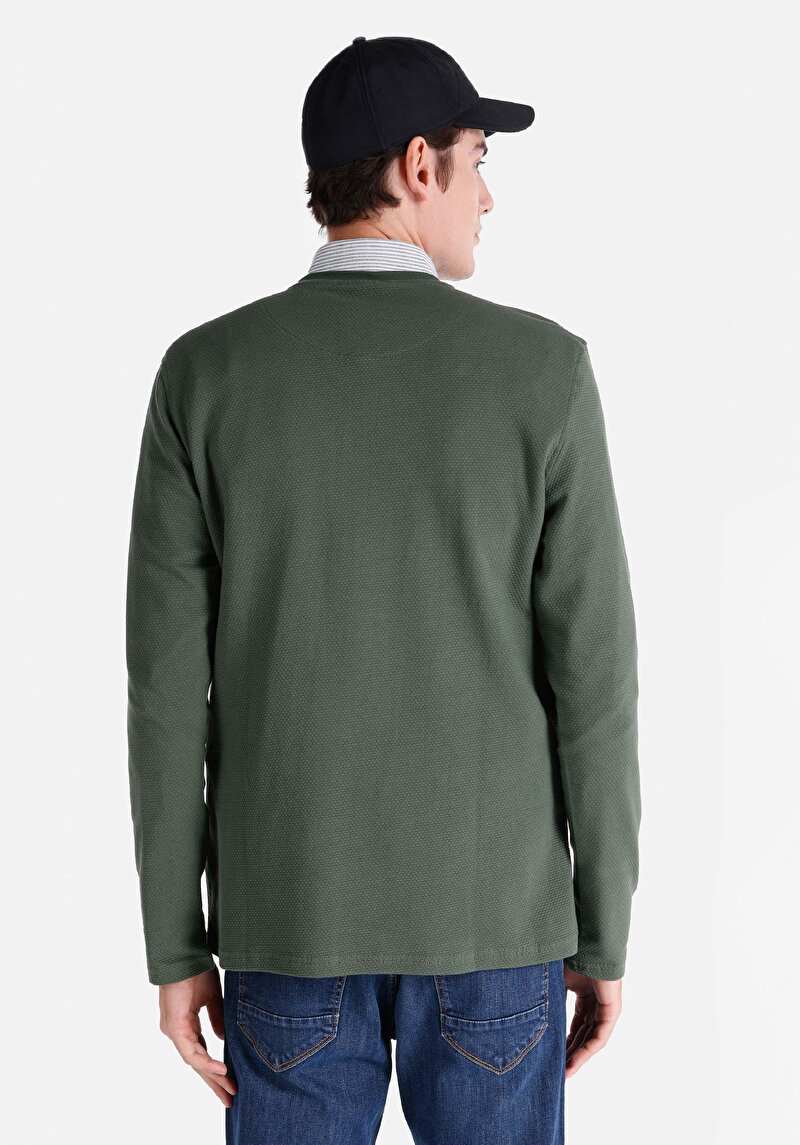 Afișați detalii pentru Regular Fit Round Neck Jacquard Tricou Verde Manșon Lung Pentru Bărbați