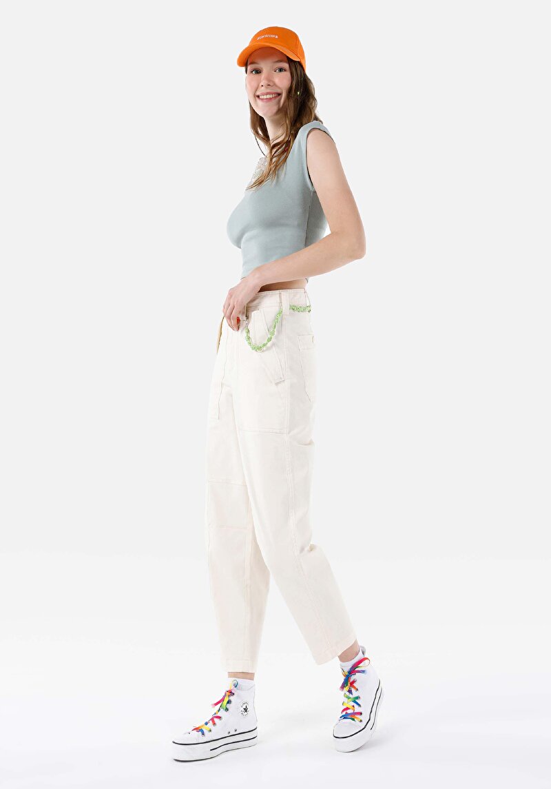 Imagine a Baggy Fit Talie Talie Pantaloni Drept Pantaloni Ecru Pentru Femei