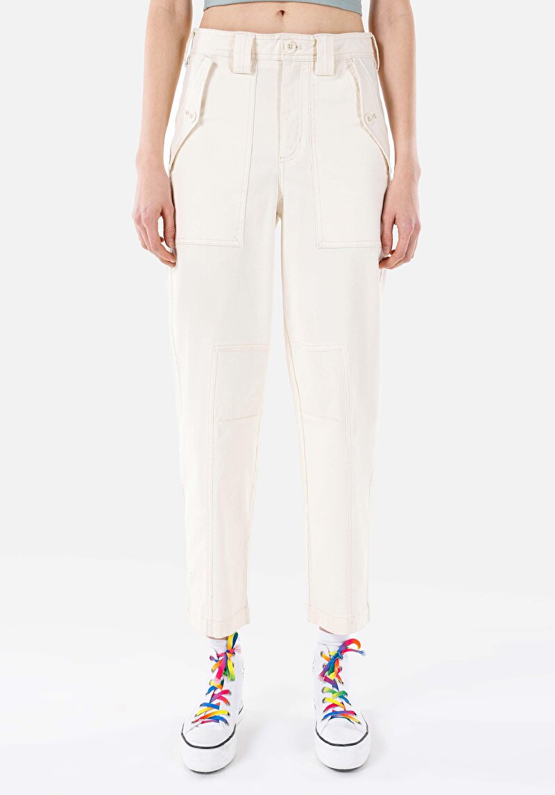 Afișați detalii pentru Baggy Fit Talie Talie Pantaloni Drept Pantaloni Ecru Pentru Femei