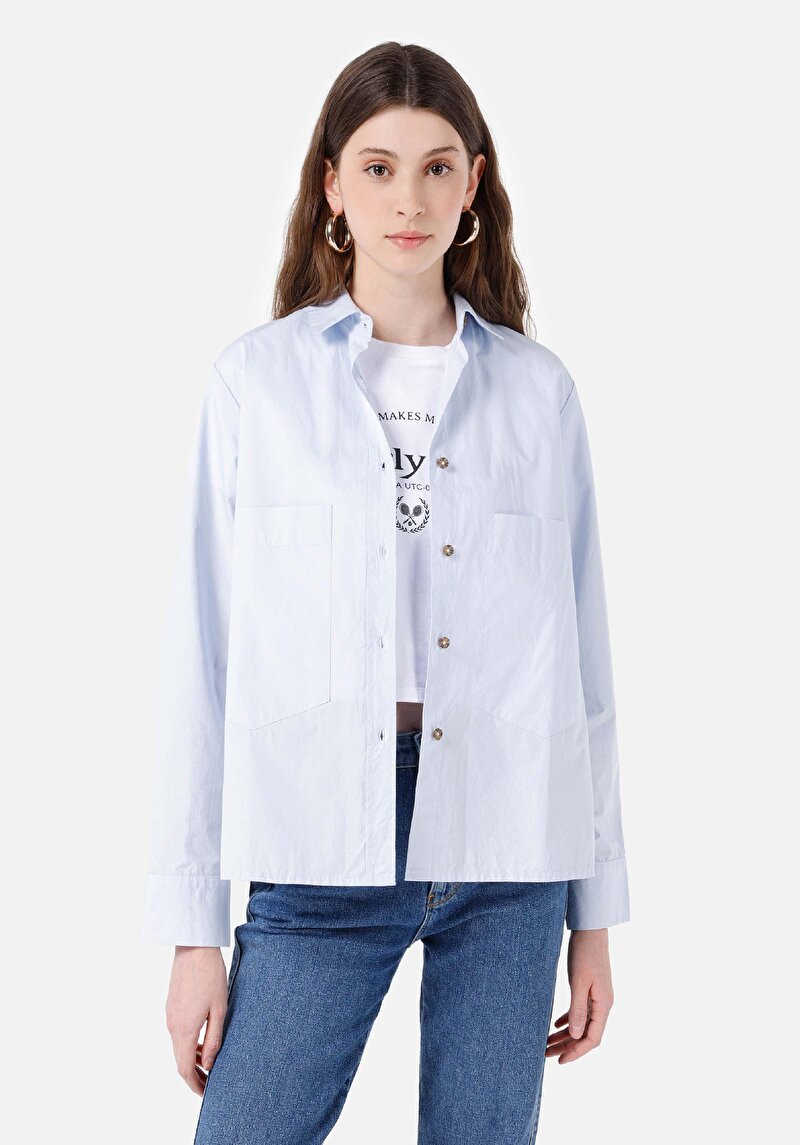 Imagine a Regular Fit Cămașă Decolteu Drept Cămașă Albastră Manșon Lung Pentru Femei