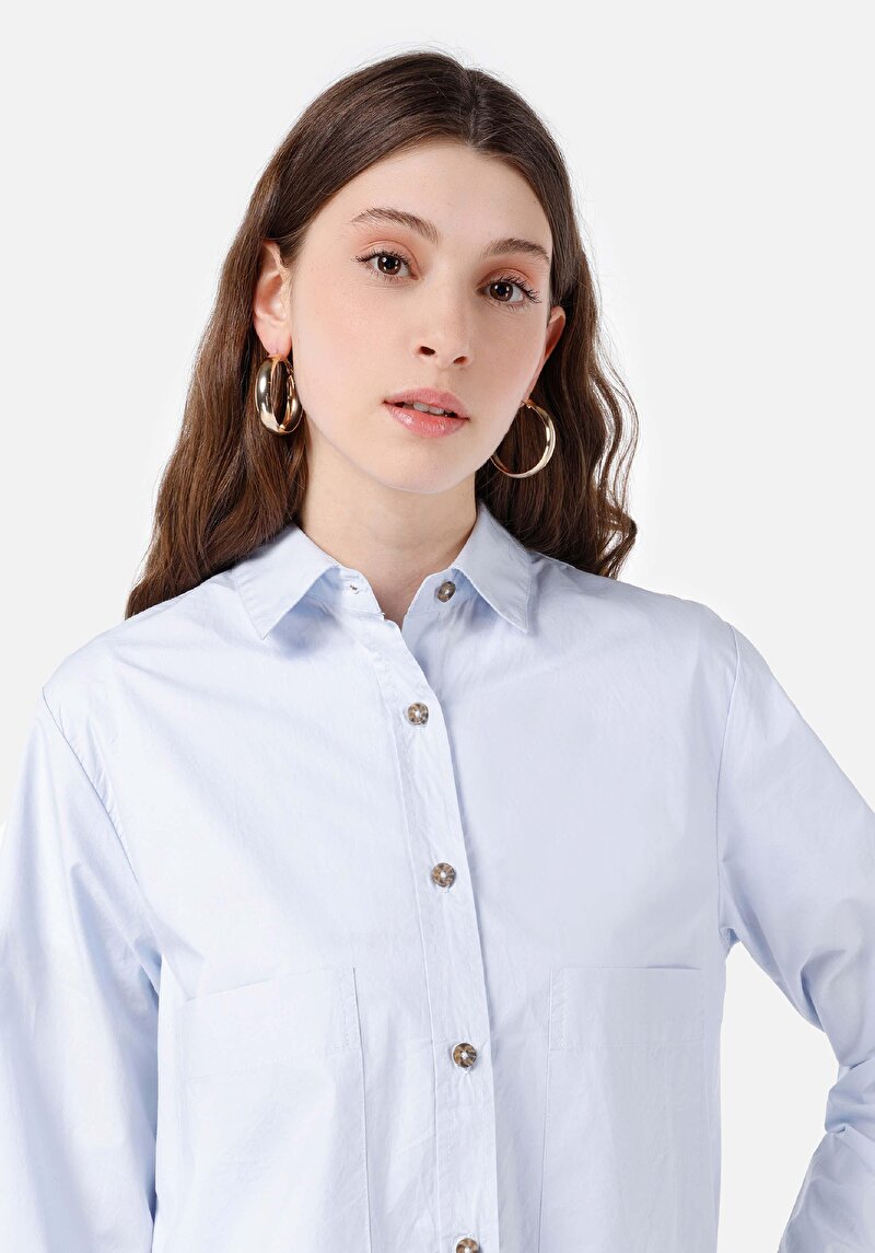 Imagine a Regular Fit Cămașă Decolteu Drept Cămașă Albastră Manșon Lung Pentru Femei