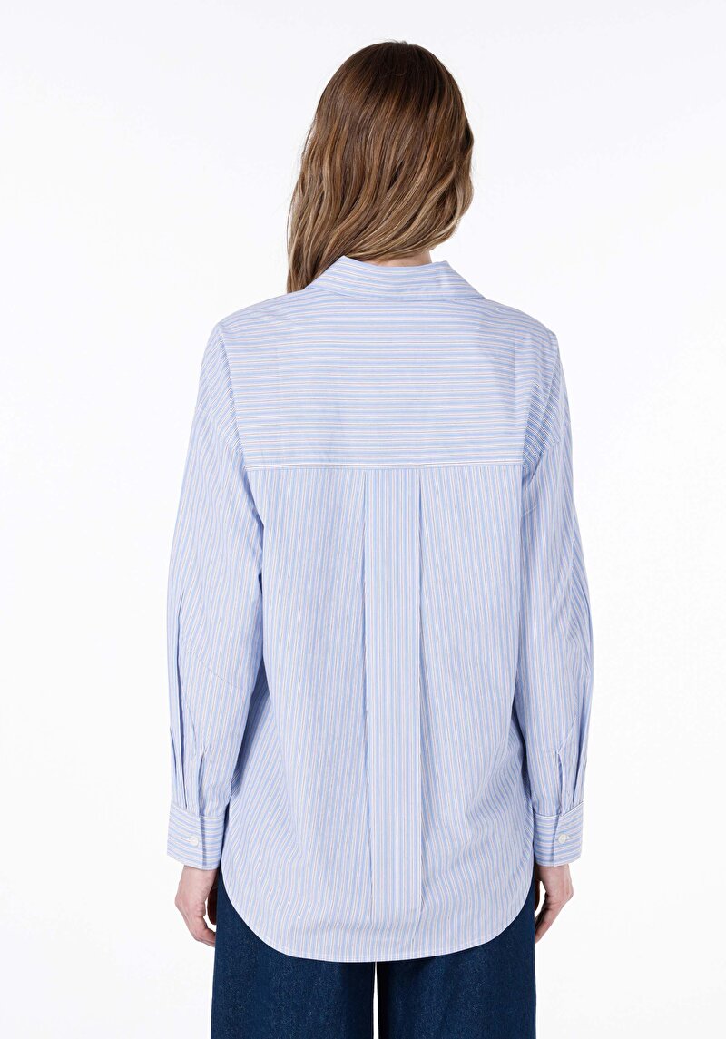Afișați detalii pentru Cămașă Relaxată Cu Dungi Cămașă Albastră Cu Mânecă Lungă Pentru Femei