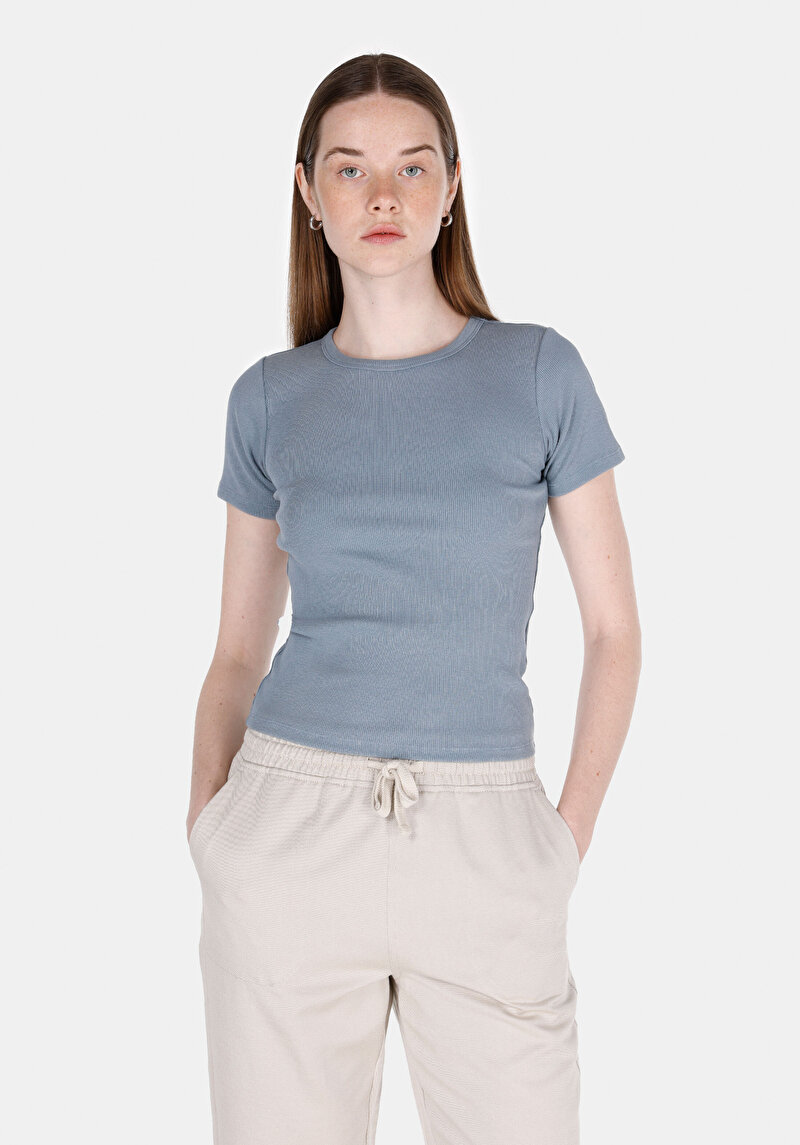 Imagine a Slim Fit Round Collar Drept Tricou Albastru Cu Mânecă Scurtă Pentru Femei