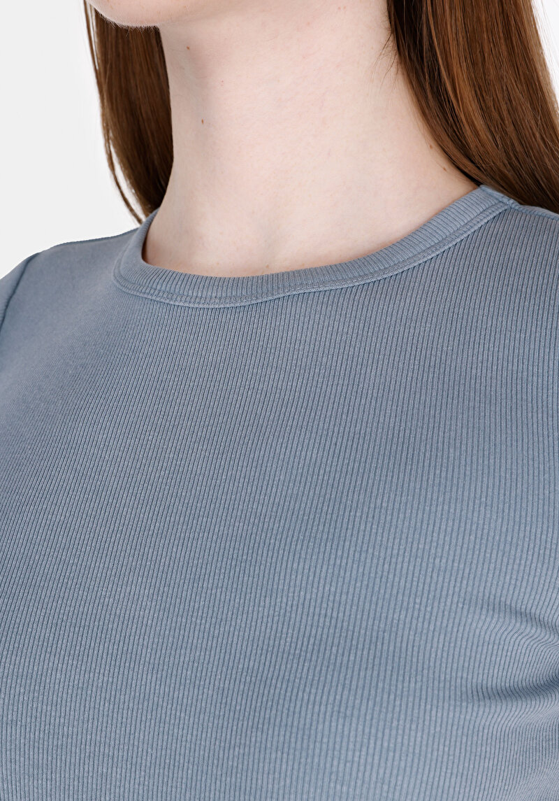 Imagine a Slim Fit Round Collar Drept Tricou Albastru Cu Mânecă Scurtă Pentru Femei