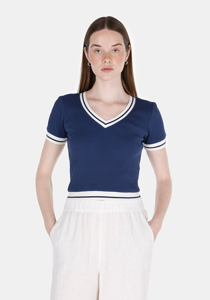 Imagine a Pulover Cu Mâneci Scurte De Dama Albastru Marin Slim Fit Cl1074589