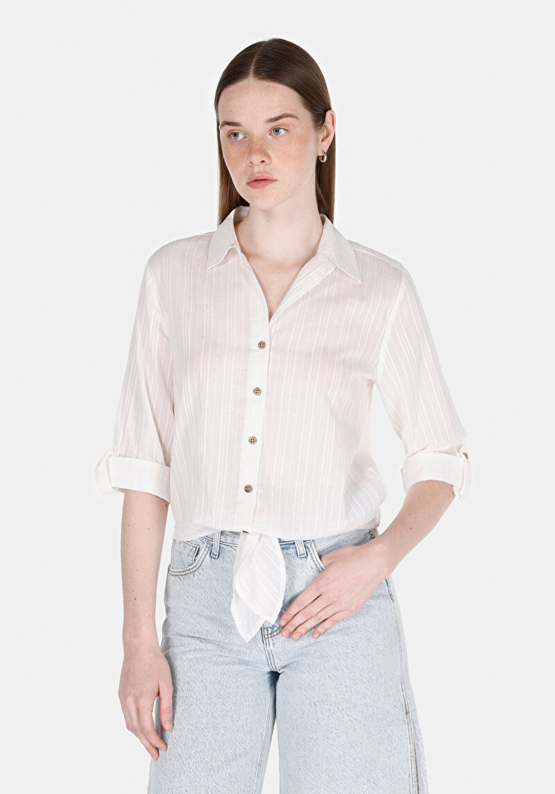 Imagine a Cămașă Regular Fit Neck Drept Cămașă Albă Roll-Up Pentru Femei