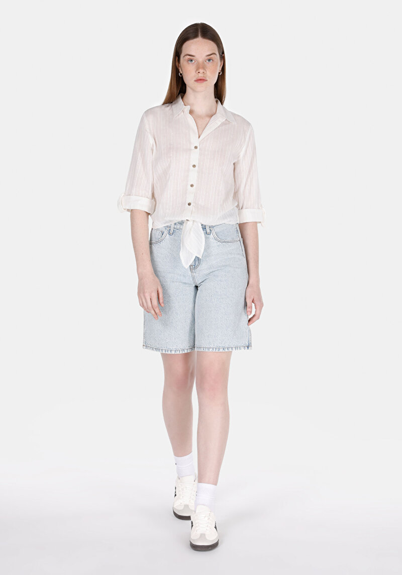 Afișați detalii pentru Cămașă Regular Fit Neck Drept Cămașă Albă Roll-Up Pentru Femei