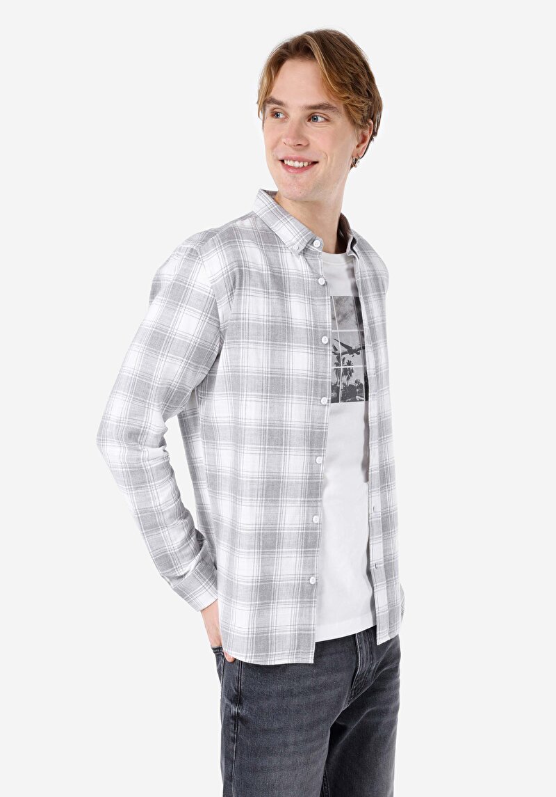 Imagine a Cămașă Slim Fit Gât Cămașă Gri Cu Manșon Lung Pentru Bărbați