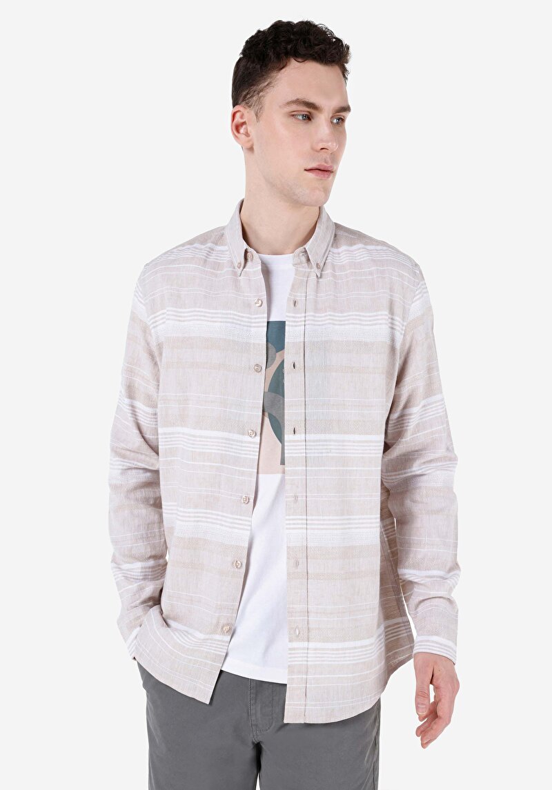 Imagine a Cămașă Cu Dungi Cămașă Cu Mânecă Lungă Bej Pentru Bărbați