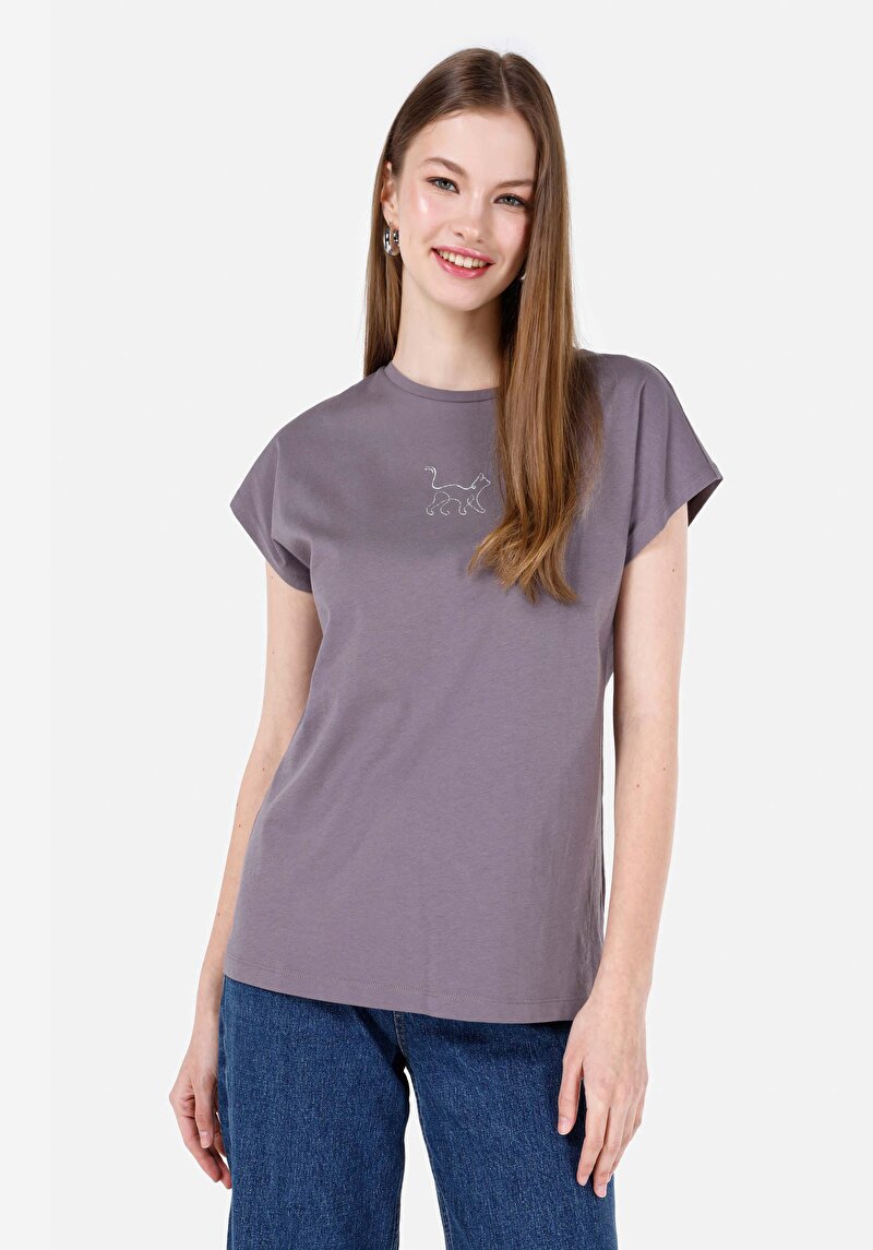 Imagine a Regular Fit Rotund Neck Imprimat Tricou Antracit Manșon Scurt Pentru Femei