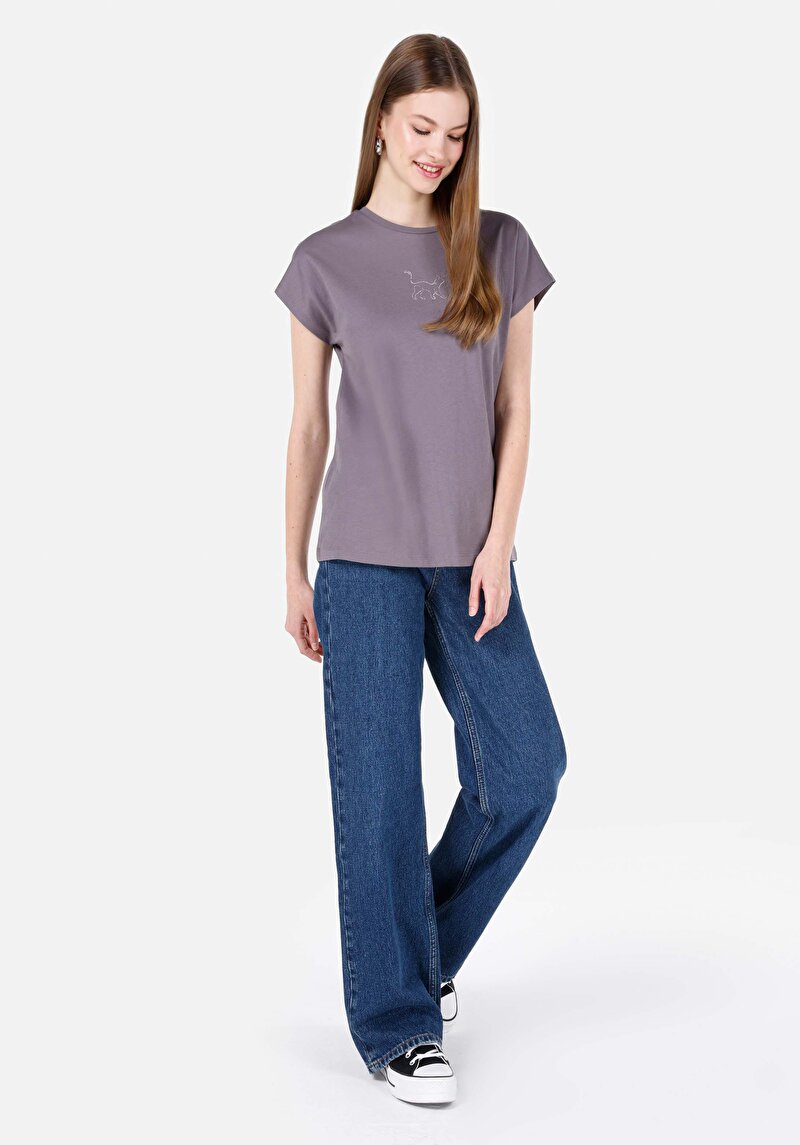 Afișați detalii pentru Regular Fit Rotund Neck Imprimat Tricou Antracit Manșon Scurt Pentru Femei