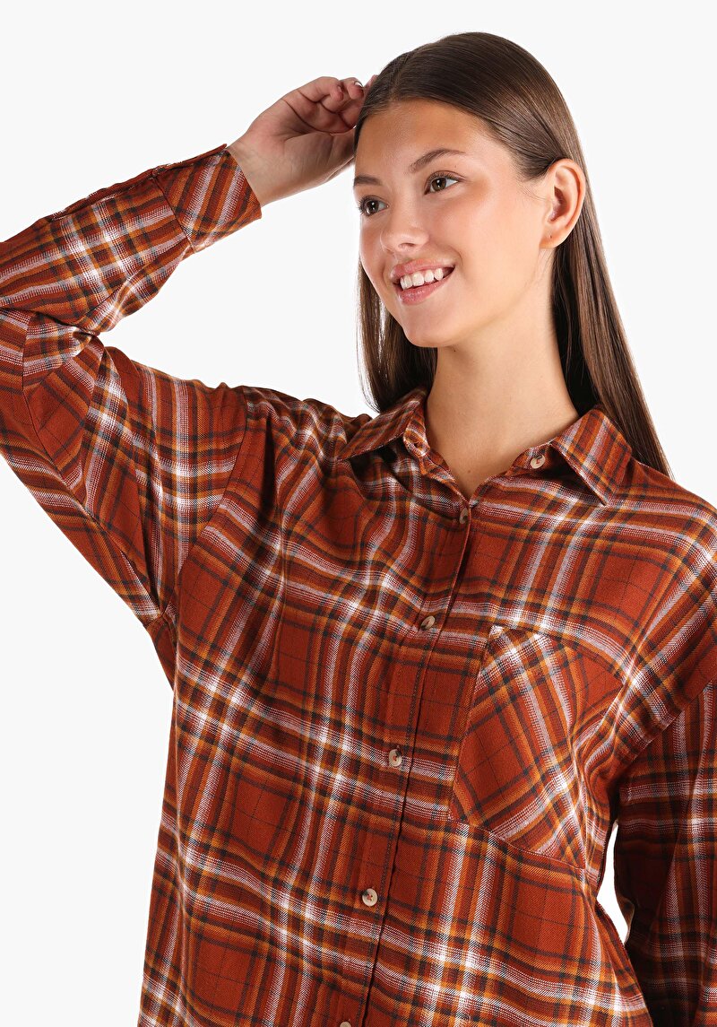 Afișați detalii pentru Cămașă Cu Gât În Carouri Cămașă Maro Cu Mânecă Lungă Pentru Femei